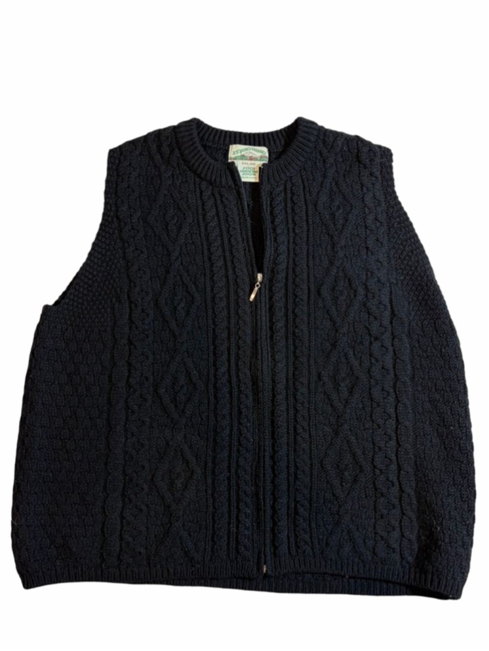 Aran Crafts Ireland Black Merino Wool Cable Knit Zip Front Sweater Vest XXL